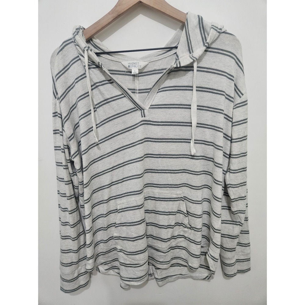 Market & Spruce Striped Hoodie V-Neck Pullover Grey White Large WGK10274